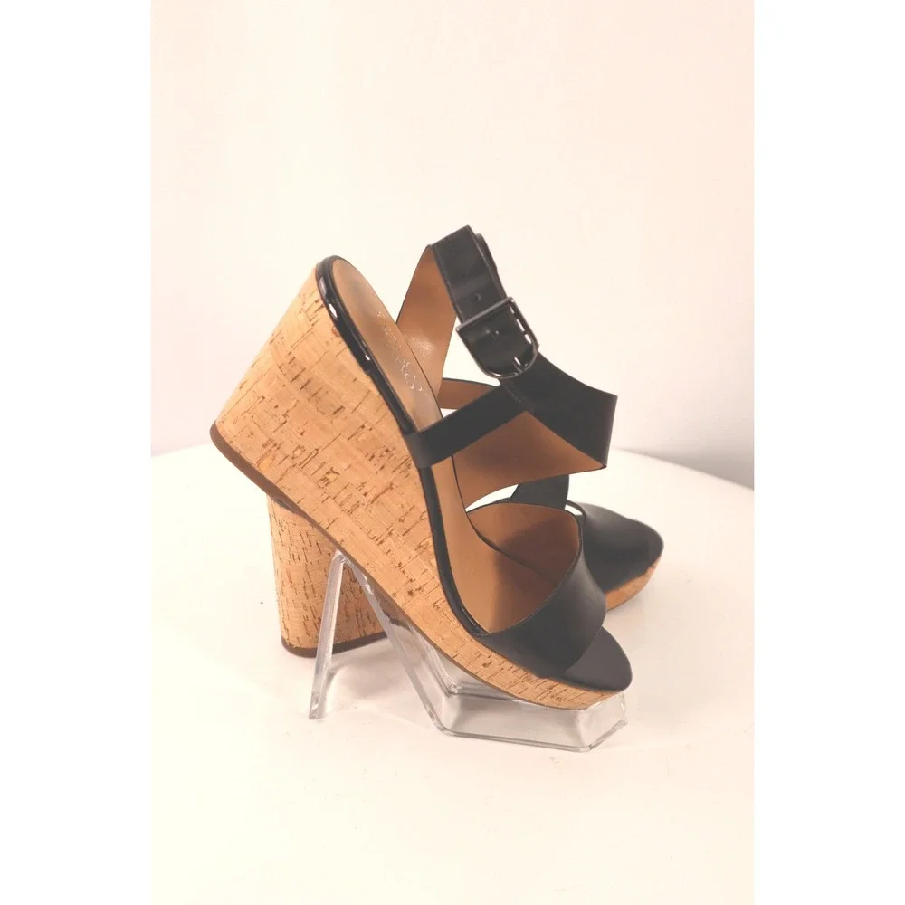 Franco Sarto‎ Marabel Black Leather Cork Wedge Sandals-Size 10